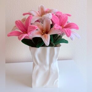 Elegant Pink and White Faux Lily Arrangement in Ceramic Vase